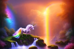 island waterfall bubble spring unicorn sunset rainbow