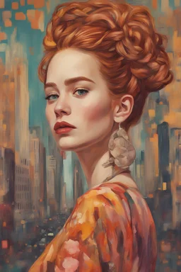 Frida Kahlo style Ginger hair Jennifer Lawrence of lovely bombshells Hip hop style oil painting Gustav Klimt style, dream, symptom, image in the background in the city artgerm display Andy Warhol style artgerm display in the 20 th century New York City. New York was like an adventure , and the city itself seemed like a big illusion, full of light and shadows.
