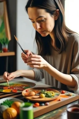 Perempuan lukis makanan di kanvas