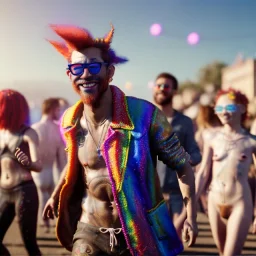 Ultra Realistic photo, medium shot view, drunken dancer naked man, carnival scene, monster hair, steampunk. Red hair, confeti, Sunglasses, smile, happy, festival, ovnis, gradient color fog. highly detailed, concept art, unreal engine 5, ray tracing, RTX, lumen lighting, ultra detail, volumetric lighting, 3d, finely drawn, high definition, high resolution.