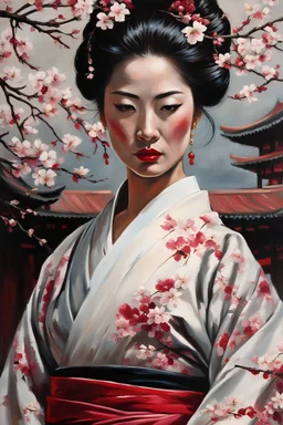 Mind Bending View, Dynamic Action Pose.Close up Portrait. Hyperrealistic.photoreal.(Masterpiece 1:1) art in the style of Fabian Perez and Larry Bud Melman. ethereal geisha, elegant, beautiful, off shoulder kimono, Decollete, simmetrical face, dance pose, Cherry blossom background, anime style, illustration, flat color, acrylic painting, palette knife and brush strokes, style of ),.styles of Douglas Smith and David Welker and Patrick Arrasmith, Beatrice Potter, surreal fashion