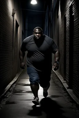 Big fat black man running in a dark alleyway far away