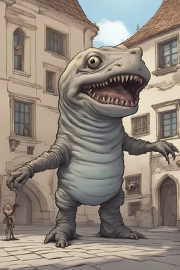 Fantasy art of a deformed hybrid abomination with the head of a open-mouthed basking shark on the body of a toad, standing in a medieval city square