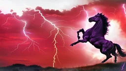 full silhouette of a horse rearing up(on left side, outlined by lighting), cloudy red sky, lightning bolts(from top to bottom left), running in the speed force