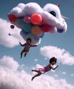 Ultra realistic speed clouds sky scene, wide angle view, childs falling down with many Childs background, circus dress style, feather color, free jumping flying, many trinkets, hair monster, many jelly beans, balls, color smoke, smile, happy, extreme, wind, clouds sea, 20,000 feet altitude, stratosphere, soft color, highly detailed, unreal engine 5, ray tracing, RTX, lumen lighting, ultra detail, volumetric lighting, 3d, finely drawn, high definition, high resolution.