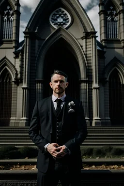 man dressed in church dress clothes bearing his chest in front of a church