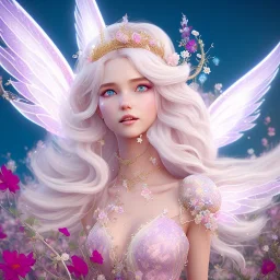 cute fantasy fairy with luminous wings, smiling, make up, long platinum blond hair with crown and flowers, pink dress, unreal engine