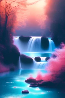 rivière turqoise , soleil, ambiance rose,cascades