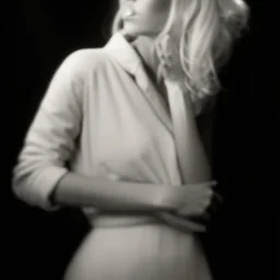 Mujer rubia iluminada, retrato medio cuerpo, iluminada potentemente desde el lado derecho, blanco y negro vaporoso, peinado a lo Verónica Lake al estilo del fotógrafo Hugo Alonso