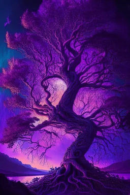 majestic tree, psychedelic, violet tones, fantasy landscape