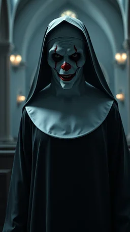 a front view of the Nun from the horror movie, standing in the church clown skin texture in a 3d rendering full-height image of a grim and dark scene. Ensure the final images exhibit the utmost quality, encompassing 4K, 8K, and 64K resolutions, with 3D rendering that manifests in photorealistic, hyperrealistic, and highly detailed representations. Employ techniques such as HDR, UHD,