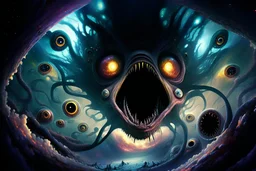 View into an event horizon in space with many enormous strange tentacled creatures with huge eyes and mouths flying around