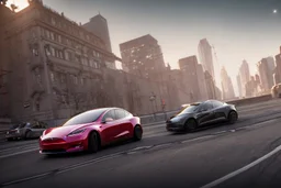 A Tesla 'Model Y' is racing at top speed, near the 'Pier 11' in Manhattan. (CINEMATIC, WIDE ANGLE LENS, PHOTO REAL)