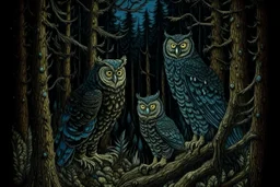 A dark bluish black forest with owls at nighttime painted by Vincent van Gogh