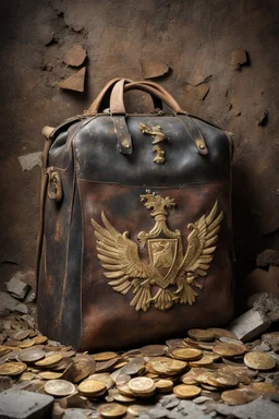 in a LARGE BASEMENT, half-buried in the earth, an ancient, worn-out, worn-out, torn-side valise peeks out, from which gold coins from the time of Catherine the Great fall out. The ancient coat of arms of Russia, the double-headed eagle, is BARELY VISIBLE on the bag. There are a lot of broken bricks and earth around the bag. All in high quality 8K