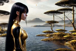 Photorealistic skinny woman with black hair, in a gold and black android suit, standing, looking out over a lake, with flying dandelion heads with octopus tentacles, with tall narrow cloud trees in the distance