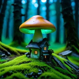 "Close up of a wonderful tiny Mushroom Tower home. green and orange with bright white, deep black and contrasting tones of gray. Illuminated bioluminescent forest. Professional painter, master at composition. small but detailed. broken, blurred background, voluminous lighting"