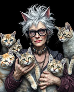 old lady punk rocker with silver hair, with her dozens of cats. By Vanja Vukelic, Benjamin Lacombe, Victor Brauner, Eileen Agar, Alex Grey, Michael Cheval and Naoto Hattori. Modifiers: sharp focus extremely detailed fantasy intricate very attractive award winning fantastic view hdr very cute pencil sketch science fiction complex insanely detailed whimsical fantastical art magical surrealism