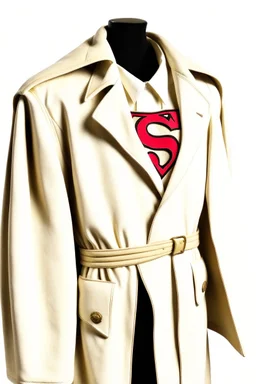 Men's Superman's Gucci Winter Trenchcoat elegant inspired by Superman's Big emblem design beige tones with dual color on a white background, product catalog photography, soft spot lighting, depth of field, 4k –ar 3:5 –q 2