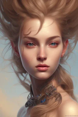 girl, cute, beautiful, long eyelashes, tan skin, head and shoulders portrait, 8k resolution concept art portrait by Greg Rutkowski, Artgerm, WLOP, Alphonse Mucha dynamic lighting hyperdetailed intricately detailed Splash art trending on Artstation triadic colors Unreal Engine 5 volumetric lighting