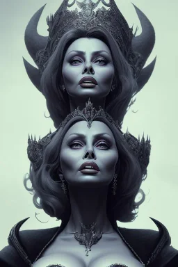 Sophia Loren as evil queen in black leather, cleavage, angry, stern look. character design by cory loftis, fenghua zhong, ryohei hase, ismail inceoglu and ruan jia. unreal engine 5, artistic lighting, highly detailed, photorealistic, fantasy