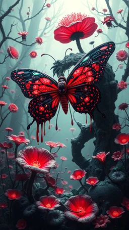Quintessential Horror Surrealism:A cyber-a butterfly catastrophic dimensional fission through Seedream 3D recursive rendering, fracturing into chaos Legion Doodle simultaneous nightmare realities while simultaneously occupying four perforated reality levels—manifests as a blood-drenched forest where flowers weep crimson sap and bioluminescent fungi pulse with recursive Fibonacci patterns, surrounded by carnivorous flowers with fanged mouths dripping neon venom; mat