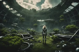 Wide angle photo of a sci-fi slim woman with blond hair, silver and black futuristic spacesuit looking android-like, standing on a derelict alien jungle planet with cloud trees in multiple green hues