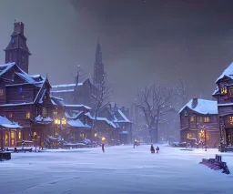 A snowy warlock town with river canals and a magical Christmas tree