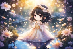 black light art, cute chibi happy anime silk princess in a flowergarden with beautiful flowers, pond, in sunshine, watercolor and black in outlines, golden glitter, ethereal, cinematic postprocessing, bokeh, dof