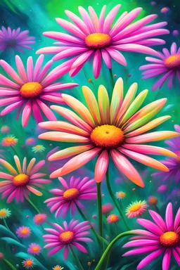 vibrant psychedelic oil painting image, airbrush, 64k, cartoon art image of background GREEN AND PINK FLYING DAISIES , futurism style