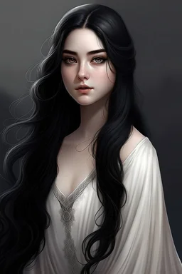 a 16 year old woman, white skin, long wawy black hair, beautiful face, black eyes, round body, in a white dress, realistic epic fantasy style