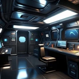 A corporate science officer in a retro space ships quarters realistic grimdark