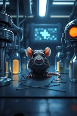 1️⃣ Lab Escape "A small, ragged lab rat with faint bandages hides among metallic lab equipment and glowing vials in a dim, futuristic laboratory. Holographic screens flicker, sterile surfaces reflect faint light. Focus on the rat's cautious expression, atmosphere tense but quiet."