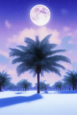 1980's aesthetic vaporwave palm trees with lighting with moon in the winter snow