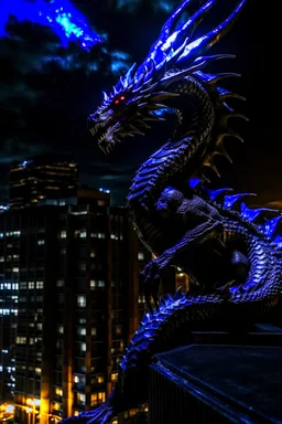 black dragon on top of a high rise building at night