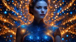 Woman standing in darkness, blue fractal particles, amber blue colour scheme, glitter accents on figure, light dress, details and bright colours, orange and blue lighting, bokeh art germ, glass body, blue and orange, gif glitter, clear , smooth, gorgeous, stunning, face focused, looking infront, ultra realistic, highly detailed masterpiece, 16k RAW, HDR, award winning work