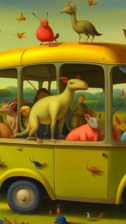 Hieronymus Bosch style , full of zoo animals bus up , 4k