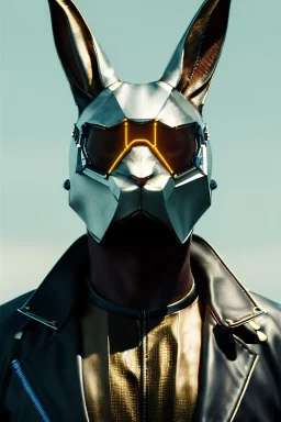 Medium Close Up Portrait, Front image. cyberpunk, rabbit mask, British man, white short hair. leather, gold suit. White, black, red, color. Retro futuristic style. Color background, photo studio. Avatar image, highly detailed, concept art, smooth, unreal engine 5, god rays, ray tracing, RTX, lumen lighting, ultra detail, volumetric lighting, 3d, finely drawn, high definition, high resolution.