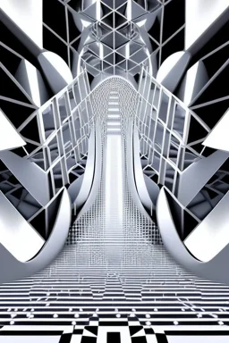 an idea is created of a bridge which has white clouds, in the style of futuristic digital art, grid formations, hall of mirrors, black and gray, photorealistic fantasies, multilayered dimensions, frontal perspective