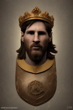 Realistic image, lionel Messi sculpture made of marble with gold veins, gold laurel leaves crown, gold ornaments, Renaissance style, sun rays background, waist up portrait, epic, celestial, cinematic lighting, God lights, 4k resolution, smooth details, soft lighting, unreal engine 5, art station, substance 3d.