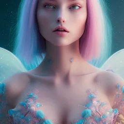 fairy, pink, blue, turquoise, beautiful, hyperrealism, masterpiece, expert, cinematic lighting, sharp focus, 8K, macro lens, woman, detailed, flower, galactic atmosphere