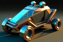 low poly highly symmetric metallic rocket propelled atv with glass bubble roof