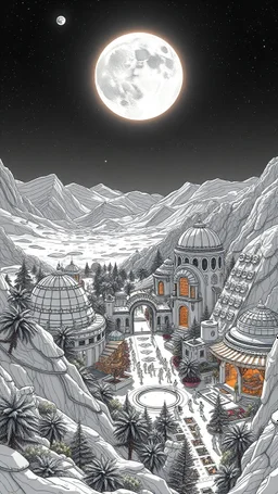 In the center of a vast lunar landscape, a mesmerizing idyllic colony sprawls across the lunar valley, radiating an otherworldly beauty. This line art painting captures the colony's intricate domed structures, glinting solar panels, and lush gardens under the gentle glow of Earth. Each detail is meticulously rendered in stunning detail, from the shimmering astronaut-guarded gates to the bustling market square, inviting viewers to immerse themselves in this futuristic utopia. The image exudes a s