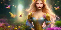 bright fairy, beautiful portrait, flowery landscape