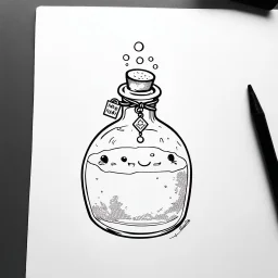 Make black and white cute drawing of a Magic Potion Bottle with black bold lines. Only outline, no grayscale. A quirky bottle with a glowing liquid inside. Add bubbles rising to the top, and give the bottle a whimsical cork with patterns and a tiny charm tied around its neck.