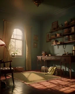 Room scene with alligator sleeping, Wes Anderson styler, concept art, smooth, unreal engine 5, god lights, ray tracing, RTX, lumen lighting, ultra detail, volumetric lighting, 3d.