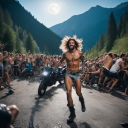 Subject & Action: A photorealistic snapshot capturing the electric chaos of a full-moon free party deep within the French Pyrenees mountains. In the center, a shirtless, tattooed, ecstatic beatnik-raver with sweat-soaked hair and a glazed, wide-eyed look (from shrooms) is air-riding, mimicking a motorcycle while jumping, with one leg kicking. He wears a faded tweed vest over an old tuxedo jacket, dirty striped pants, and heavy boots. He is surrounded by a crowd of dancers in similar retro counte