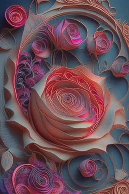 Using morphic resonance to change frequency in the visual field; insanely detailed; quilling; elegant, fantasy, rose tones, beautiful, rapturous