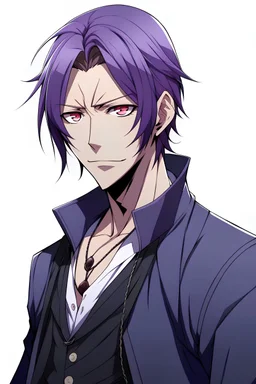 Personaje de anime masculino alto, mirada atractiva, cabello violeta oscuro