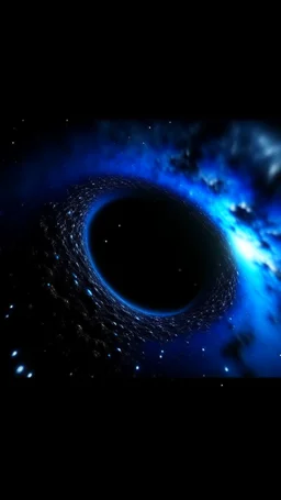 Intense cold dark blue Hole explosion in deep space. Earth view from a distance, Hole apocalypse wipes out Universe. Cold blue cloudy hole collision explodes in outer space.a shape of devilish dark body with hood in the hole like sucked in side Epic galaxy with growing black hole. Cinematic interstellar